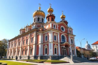 A Temesvári szerb ortodox székesegyház gyönyörű építészete napfényben.