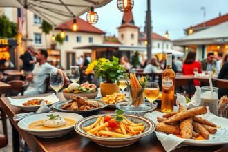 Temesvári étkezés: finom helyi ételek és italok a kültéri teraszon