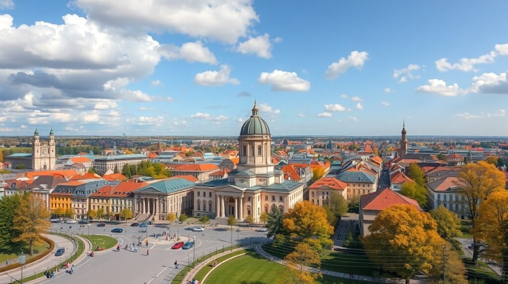 Temesvár város látképe napfényes időben