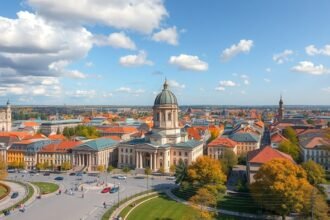 Temesvár város látképe napfényes időben