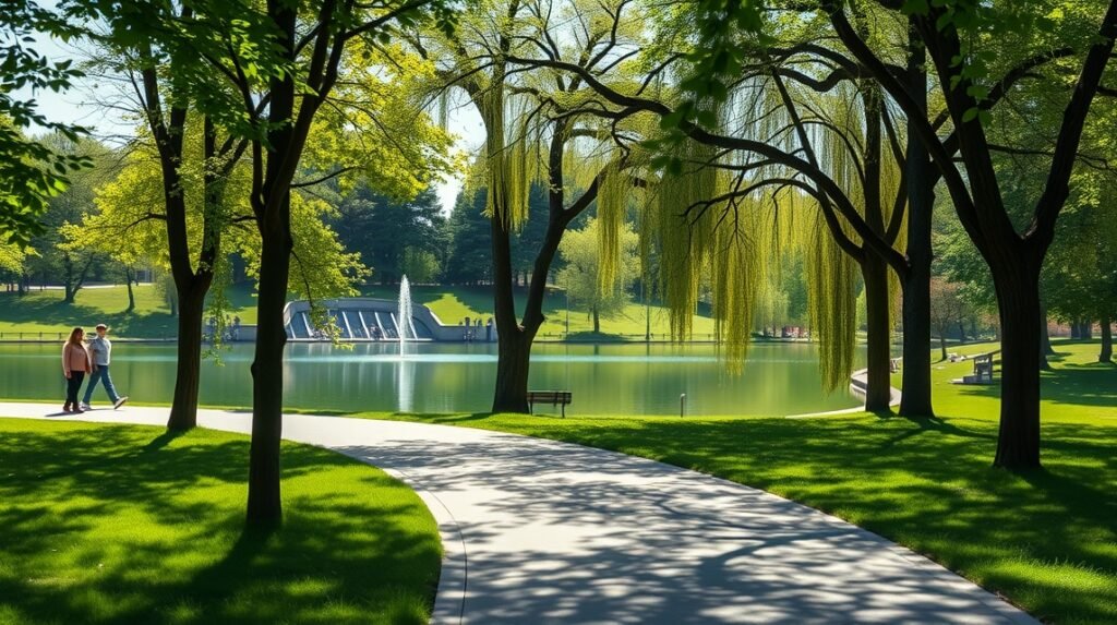 Kolozsvár Központi Park romantikus sétányokkal és zöld tájjal