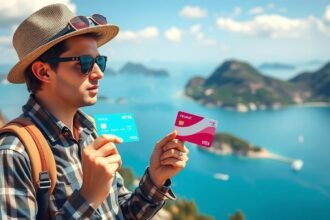 Fiatal férfi Revolut és Wise kártyákkal, gyönyörű tájban