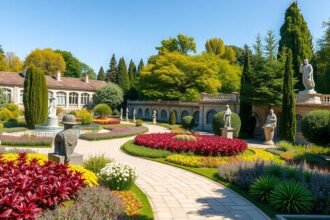 Színes virágokkal és szobrokkal díszített kert a Kolozsvári Botanikus Kertben.