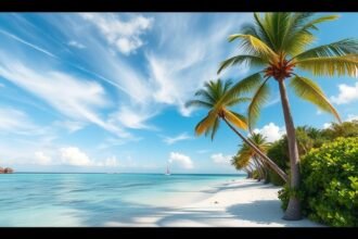 Gyönyörű trópusi táj a Maldív-szigeteken, kék víz és pálmafák.