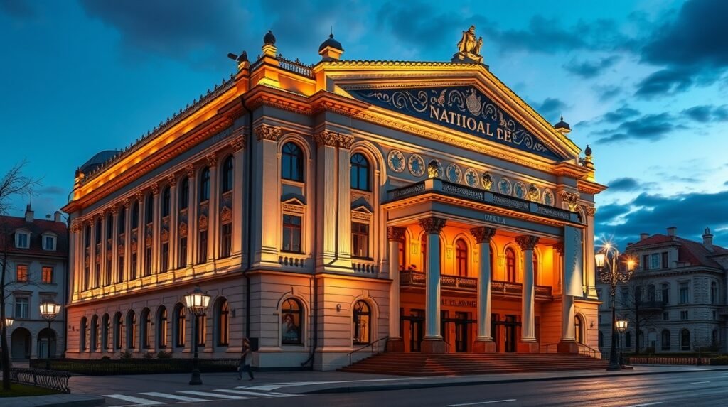 A Kolozsvári Nemzeti Színház és Opera épülete kivilágítva este.