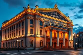 A Kolozsvári Nemzeti Színház és Opera épülete kivilágítva este.