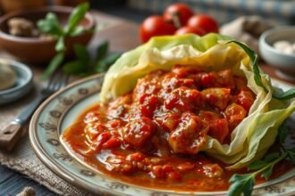 Kolozsvári töltött káposzta egy tálban, friss zöldségekkel körítve