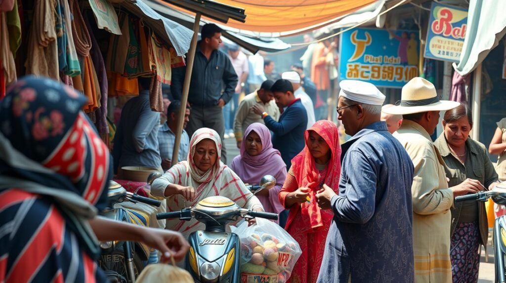 Helyi piac színes forgataga, ahol emberek találkoznak és vásárolnak.