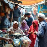 Helyi piac színes forgataga, ahol emberek találkoznak és vásárolnak.