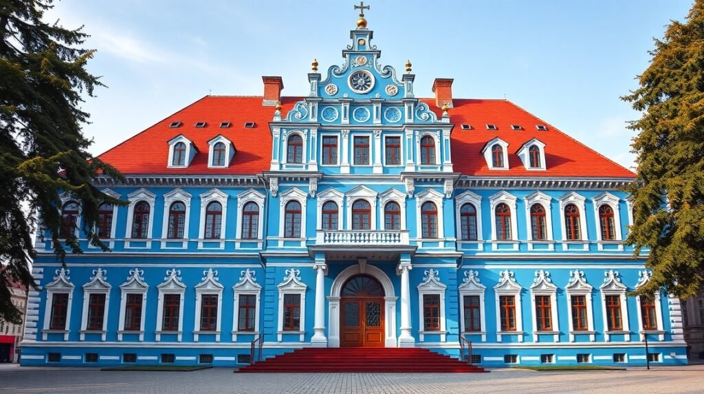 A Moskovits Miksa-palota impozáns kék homlokzata Nagyváradon.