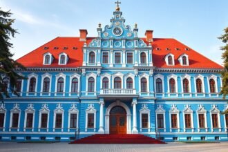 A Moskovits Miksa-palota impozáns kék homlokzata Nagyváradon.