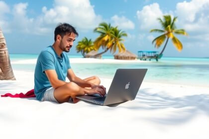 Fiatal férfi laptopon dolgozik a Maldív-szigeteken, pálmafák és tenger közelében.