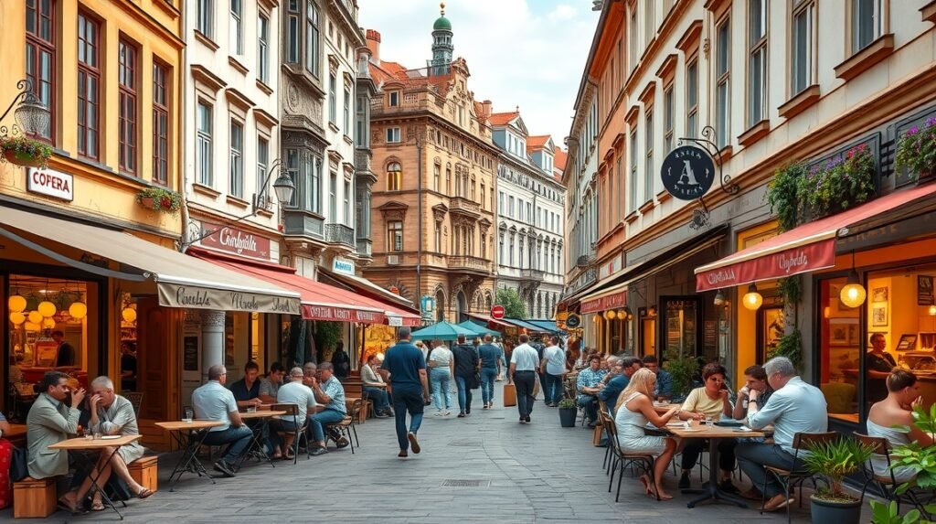 Nagyvárad sétálóutcája kávézókkal és éttermekkel