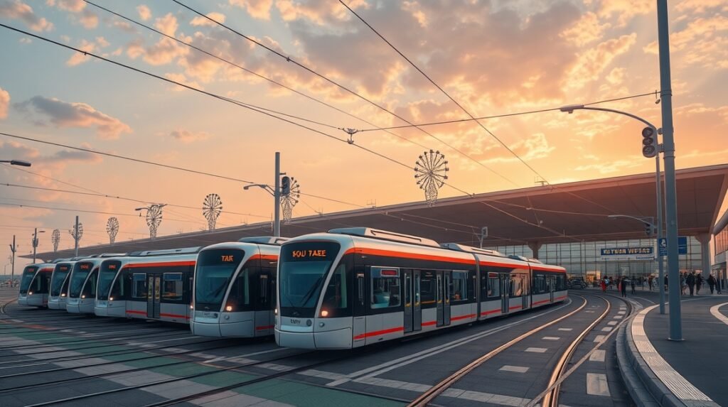 Modern villamosok a Nagyváradi repülőtéren naplementekor