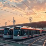 Modern villamosok a Nagyváradi repülőtéren naplementekor