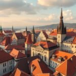 A középkori városrészek panorámája Nagyváradon, Romániában.