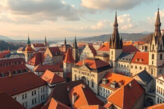 A középkori városrészek panorámája Nagyváradon, Romániában.