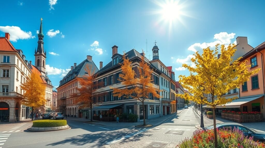 Nagyvárad utcai látkép ősszel, napfényben.