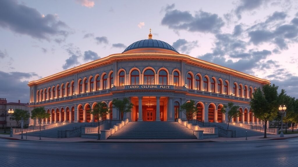 A Kultúrpalota panorámás képe Aradon, gyönyörű architektúrával.