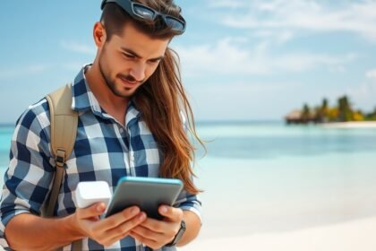 Fiatal férfi mobiltelefont használ a Maldív-szigetek tengerpartján