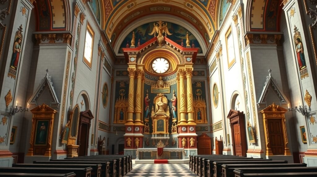 A római katolikus templom díszes oltára Aradon.