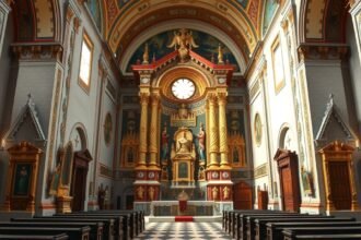 A római katolikus templom díszes oltára Aradon.