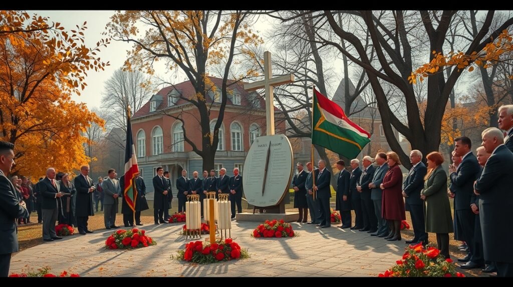 Az aradi 13 vértanú emlékhelye, gyertyákkal és zászlókkal.