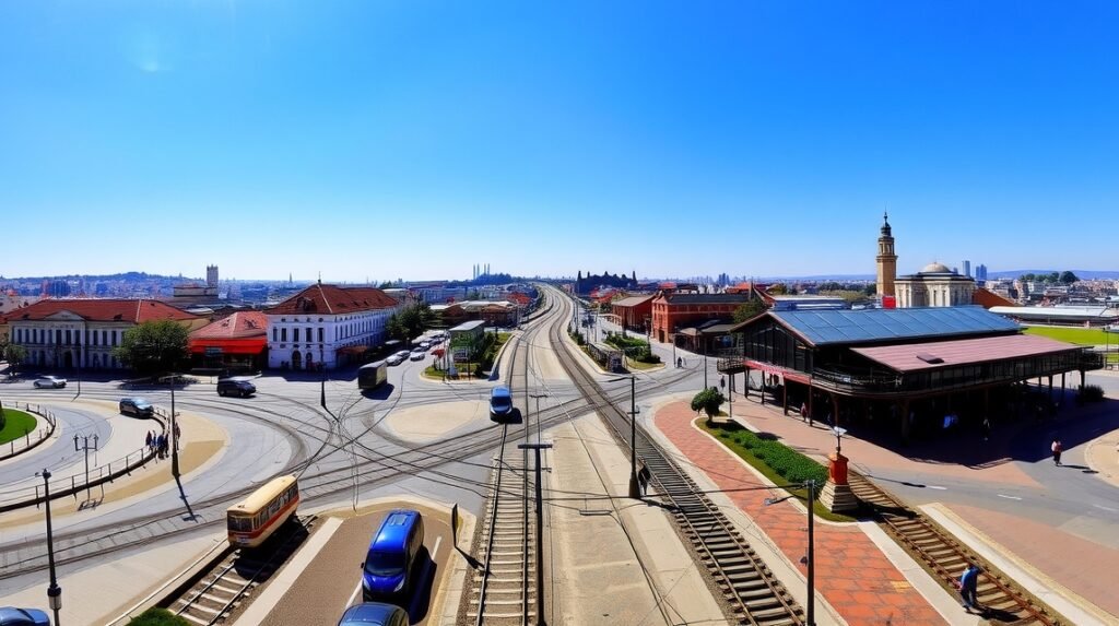 Arad város fő közlekedési csomópontja: villamoshálózat és vasútállomás.