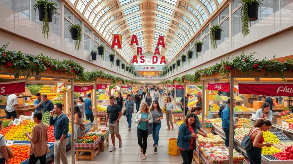 Atrium Mall vásárcsarnok Aradon, friss termékek és helyi ízek.
