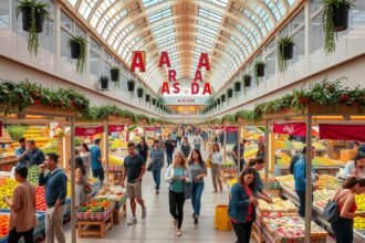 Atrium Mall vásárcsarnok Aradon, friss termékek és helyi ízek.