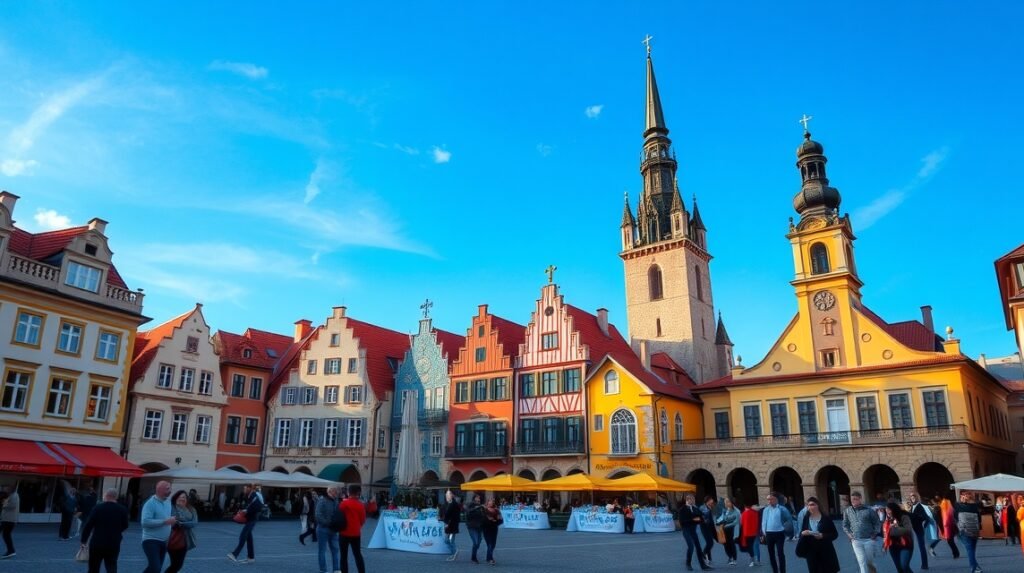 Brassó Tanács tér színes házai és macskaköves utcái