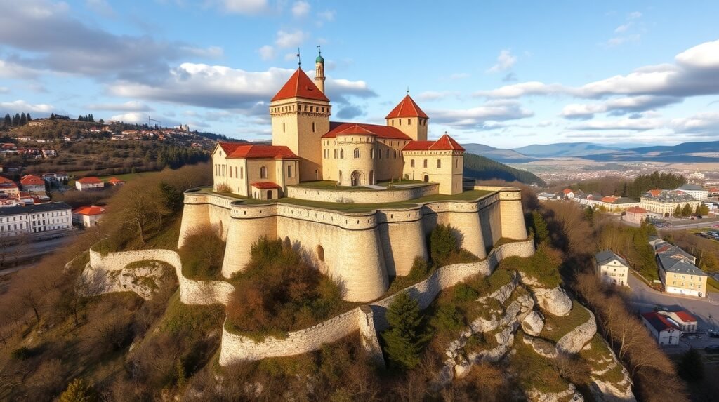 A Brassó melletti Fellegvár panorámája a hegyekben