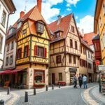 Bolgárszeg utcái Brassó városában, hangulatos régi házakkal.