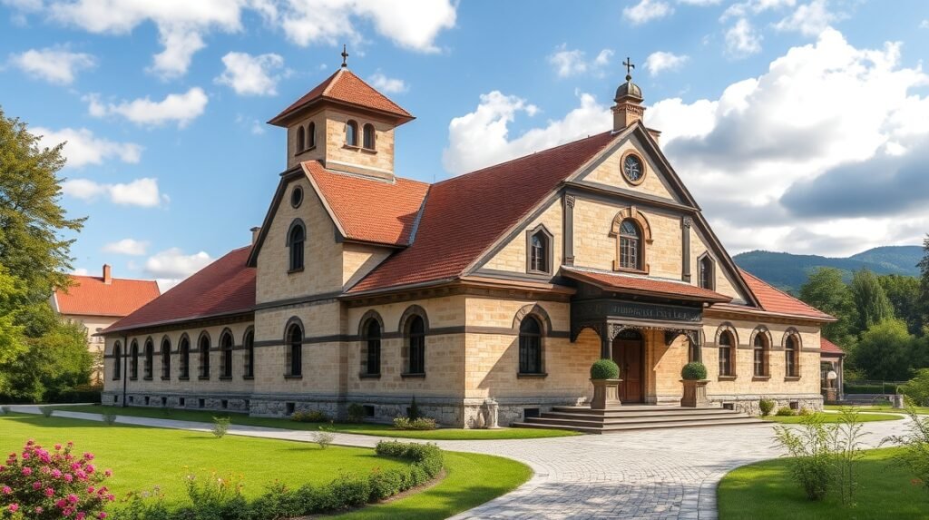 Első Román Iskola múzeuma Brassóban, gyönyörű épülettel és zöld környezettel