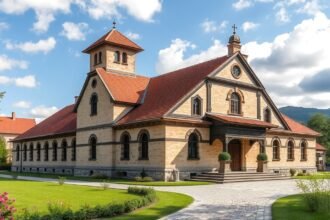 Első Román Iskola múzeuma Brassóban, gyönyörű épülettel és zöld környezettel