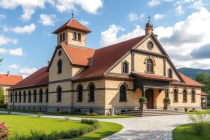 Első Román Iskola múzeuma Brassóban, gyönyörű épülettel és zöld környezettel