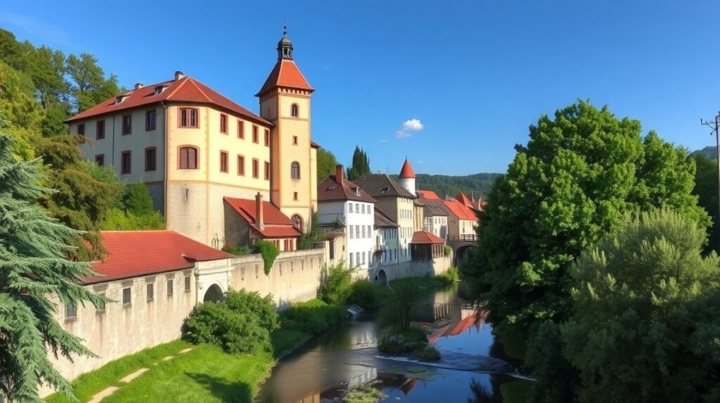 A Graft-bástya Brassón, zöld fák és vízpart a háttérben.