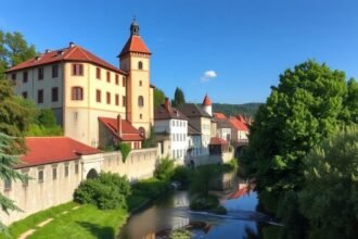 A Graft-bástya Brassón, zöld fák és vízpart a háttérben.