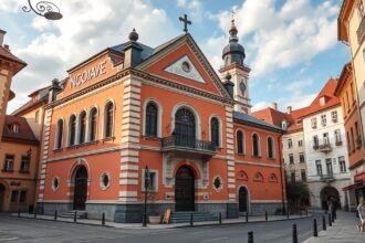 A neológ zsinagóga Brassó belvárosában, szecessziós stílusban.