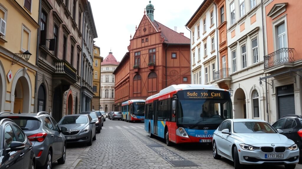 Buszok és autók az óvárosban Brassóban, Románia