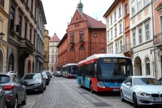 Buszok és autók az óvárosban Brassóban, Románia