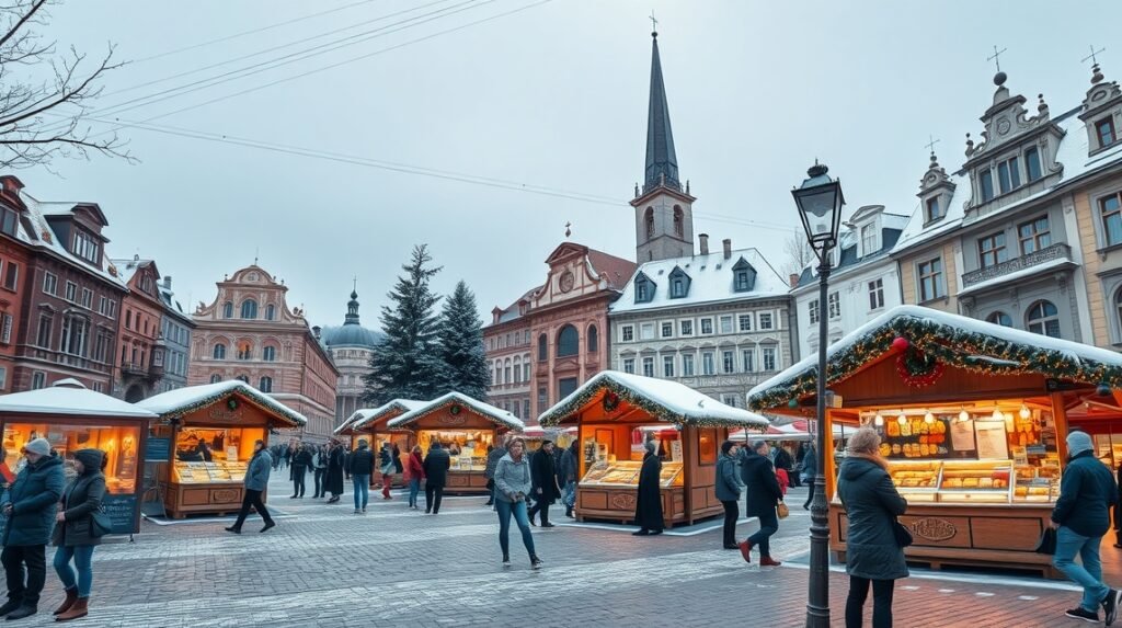 Brassó főtér karácsonyi vásár, hóval borított standok és ünnepi hangulat.