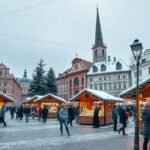 Brassó főtér karácsonyi vásár, hóval borított standok és ünnepi hangulat.