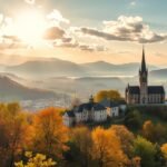 Brassói tájkép ősszel, templommal és naplementével