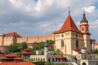 Marosvásárhely középkori vár templom és masszív várfalak.