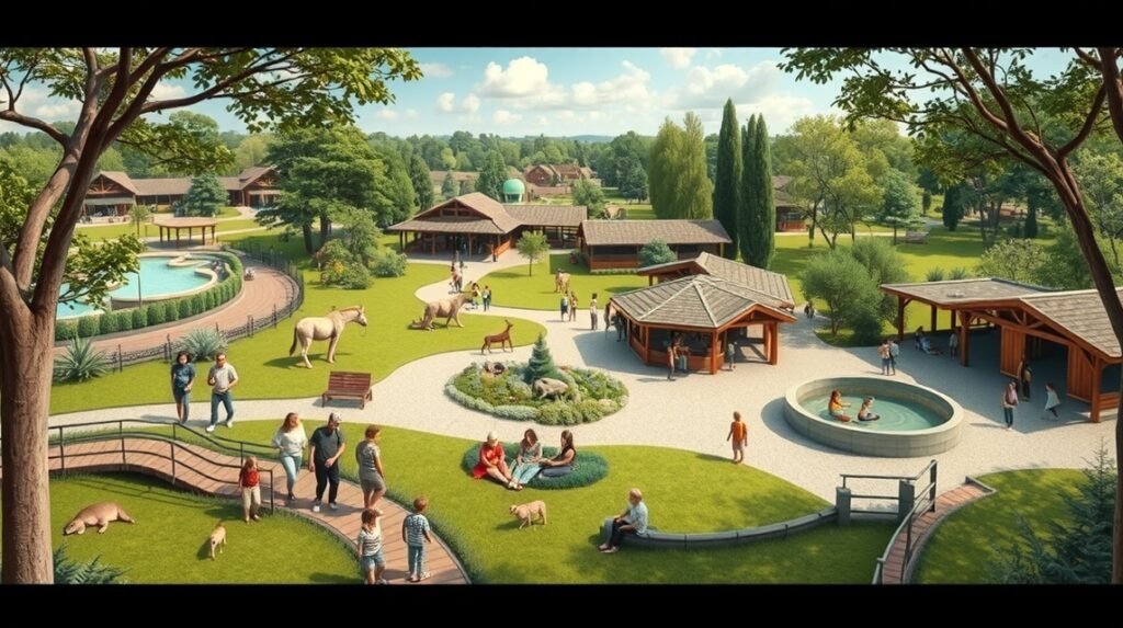 A Marosvásárhelyi Állatkert látképe, családokkal és állatokkal