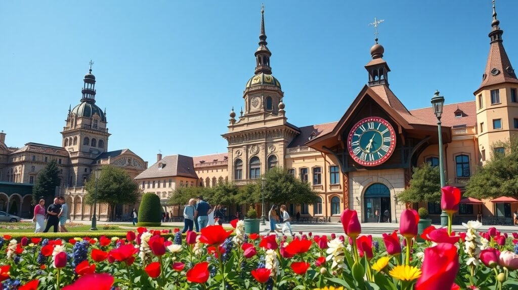Rózsák tere virágóra és épületek Marosvásárhelyen, Romániában