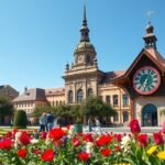 Rózsák tere virágóra és épületek Marosvásárhelyen, Romániában