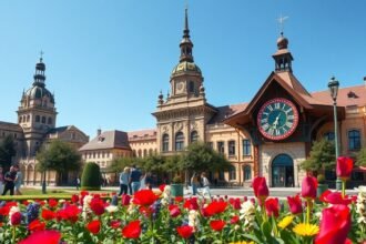 Rózsák tere virágóra és épületek Marosvásárhelyen, Romániában