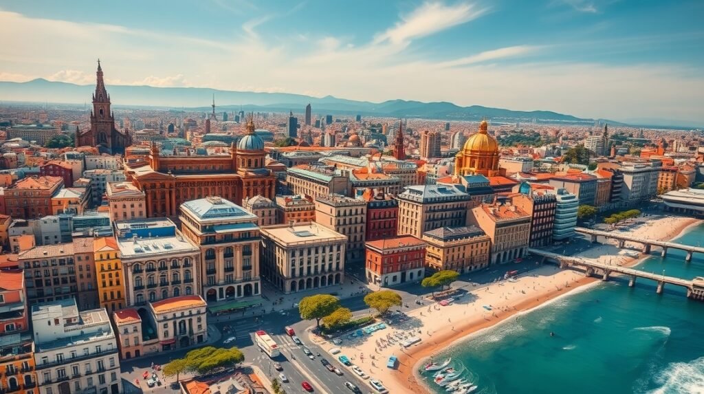 Barcelona városképe a tengerparttal és épületekkel